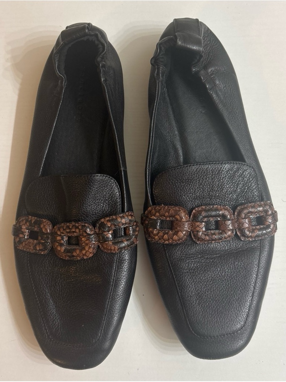 Sanctuary Black Leather Loafers with Brown Chain Detail